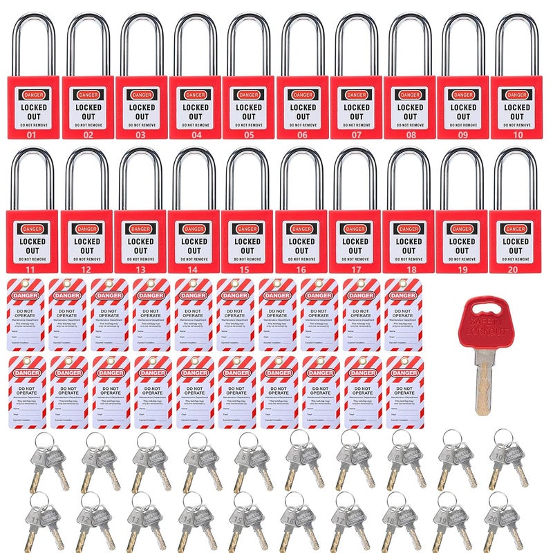 Allucky Lockout Tagout Locks, 20pcs Safety Locks Keyed Differently(Come with 1pcs Master Key) & 20pcs Lockout Tagout Tags, Lock Out Tag Out Padlocks Set, 2 Keys Per Lock(No.1-20) - Image 1